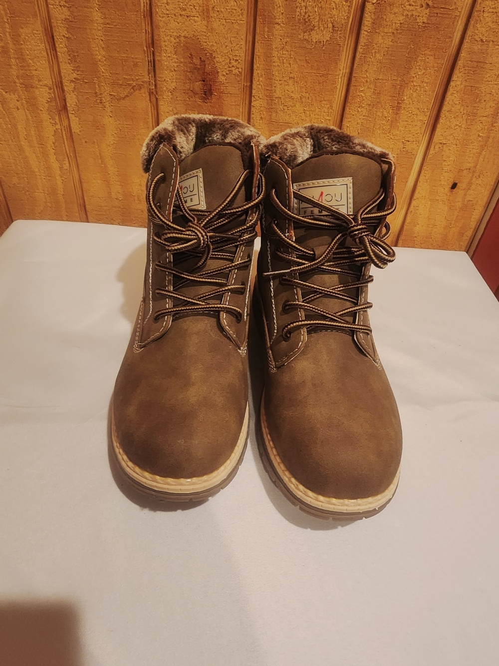 Anjou Femme Womens Brown-Gray Faux-Fur Winter Lace-Up Boots Size 9